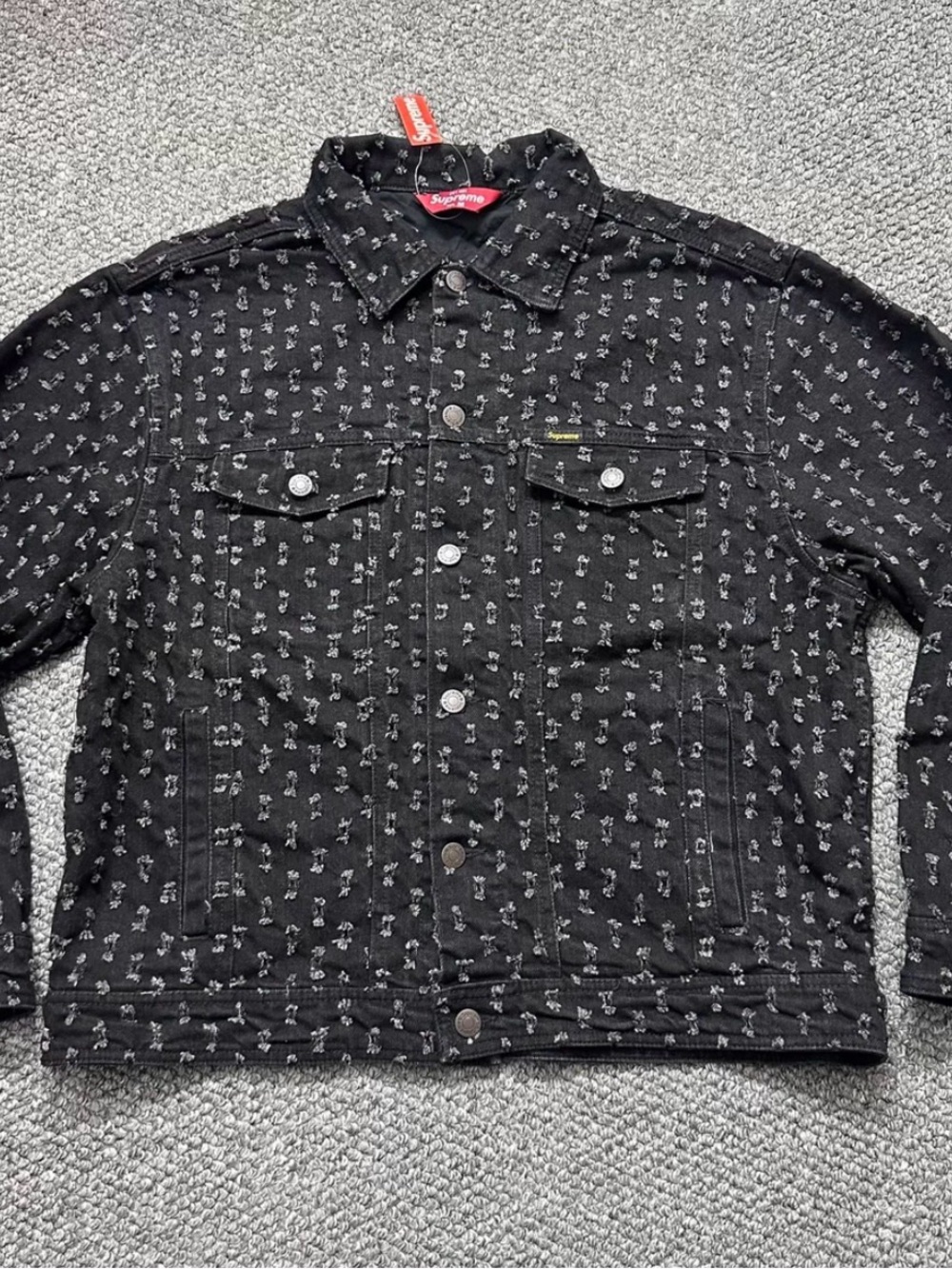 Supreme Black Denim Trucker Jacket with White Micro Pattern